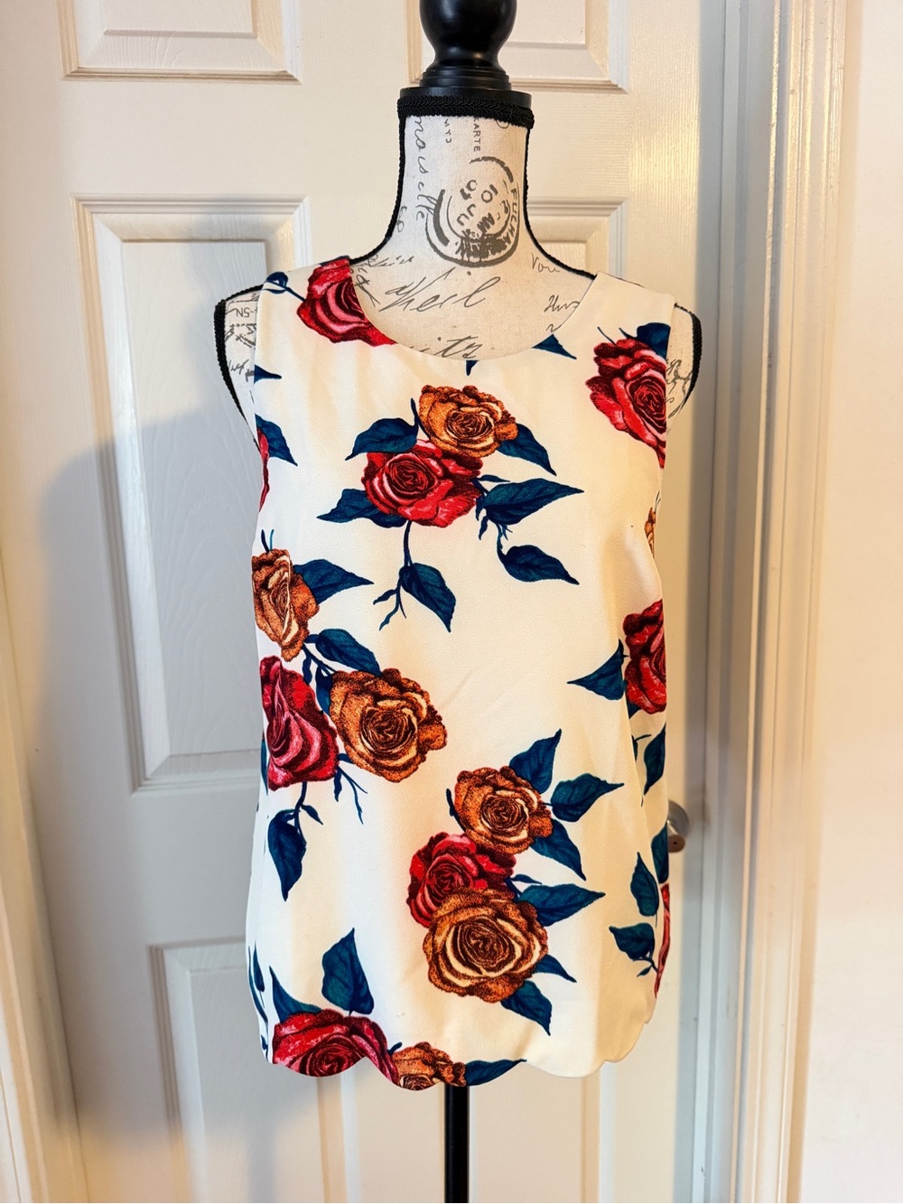 Darling White Sleeveless Mini Dress with Red & Gold Rose Print